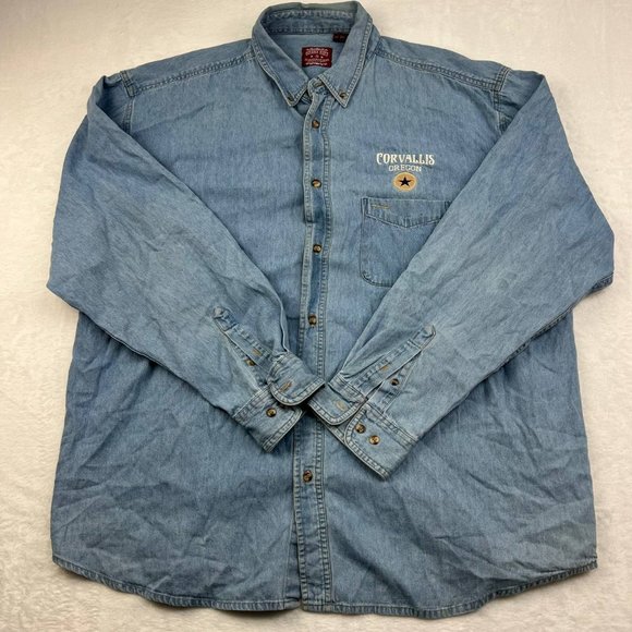 Corvalis Oregon Outback Rider 2XL Denim Button Up Polo Shirt Men Blue Cotton XXL - Picture 1 of 7